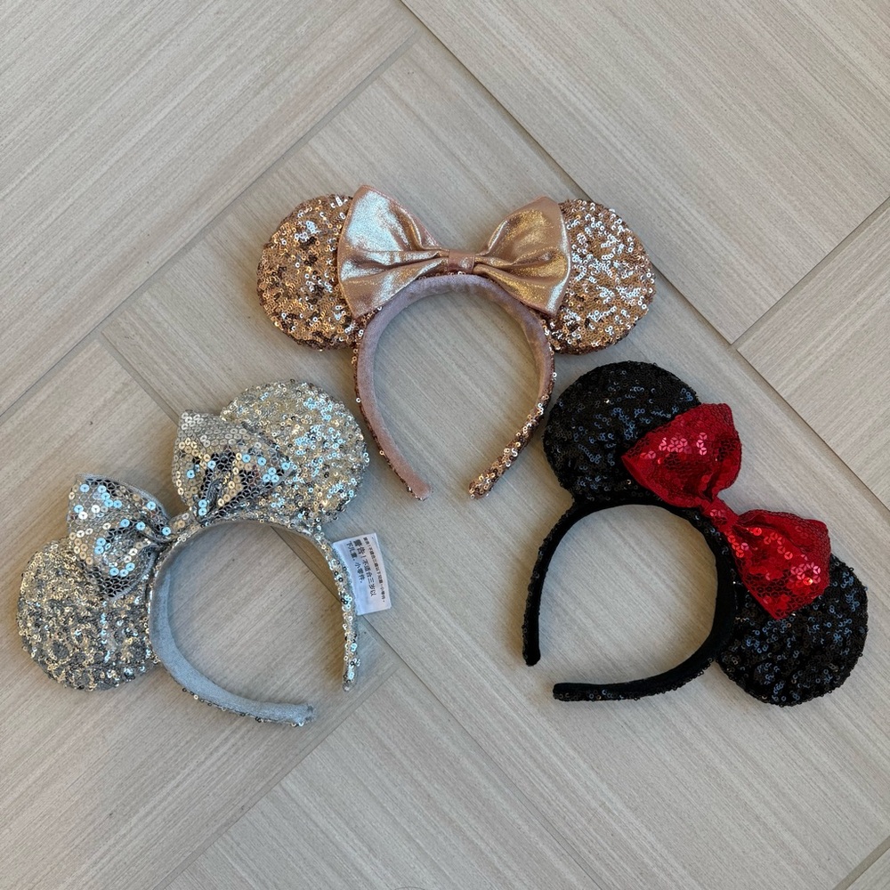 Disney Parks Minnie Ears Bundle Rose Gold Silver Red Bow Sequin Headbands 3